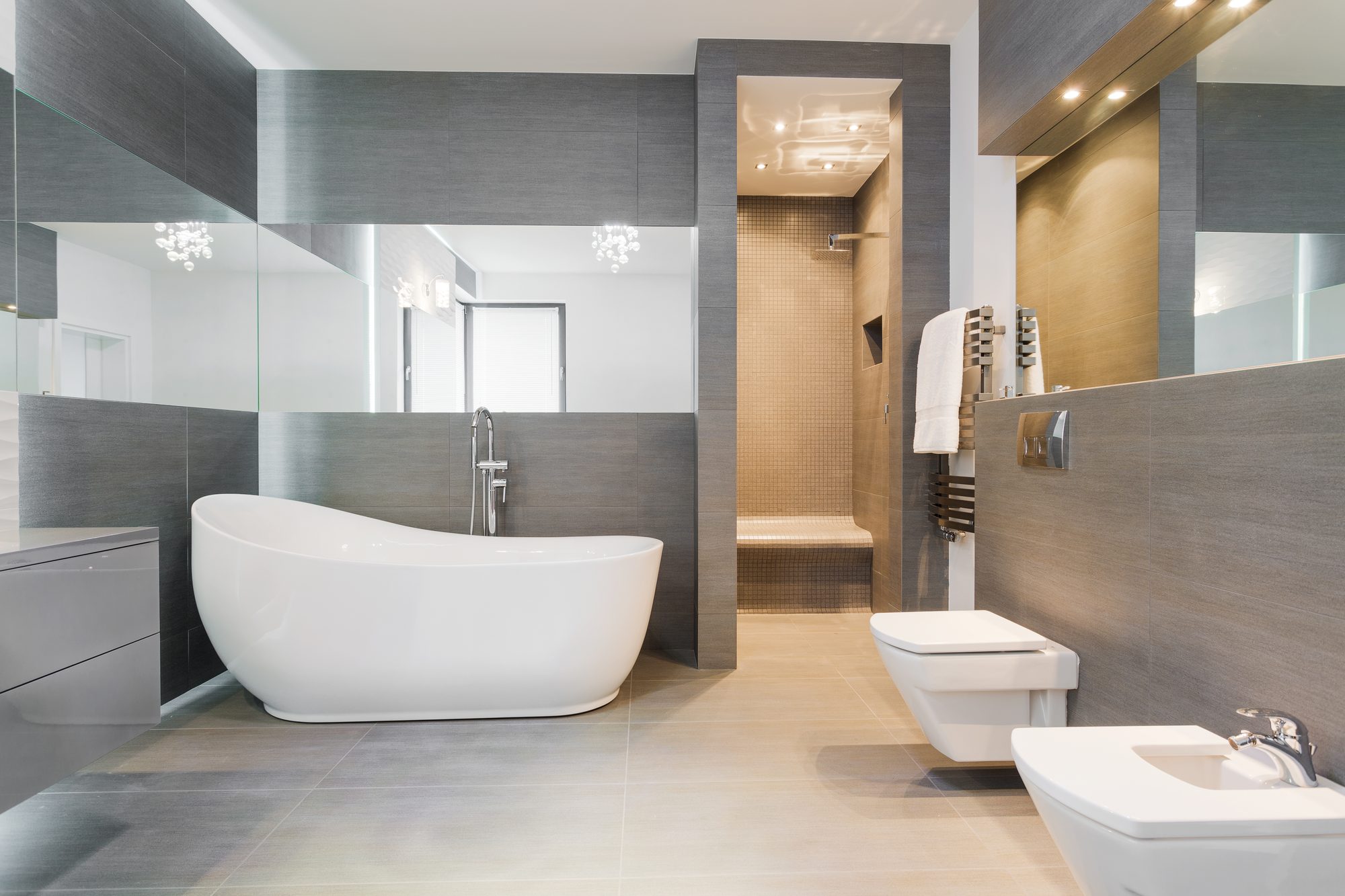 A minimalist bathroom with a sculptural freestanding tub