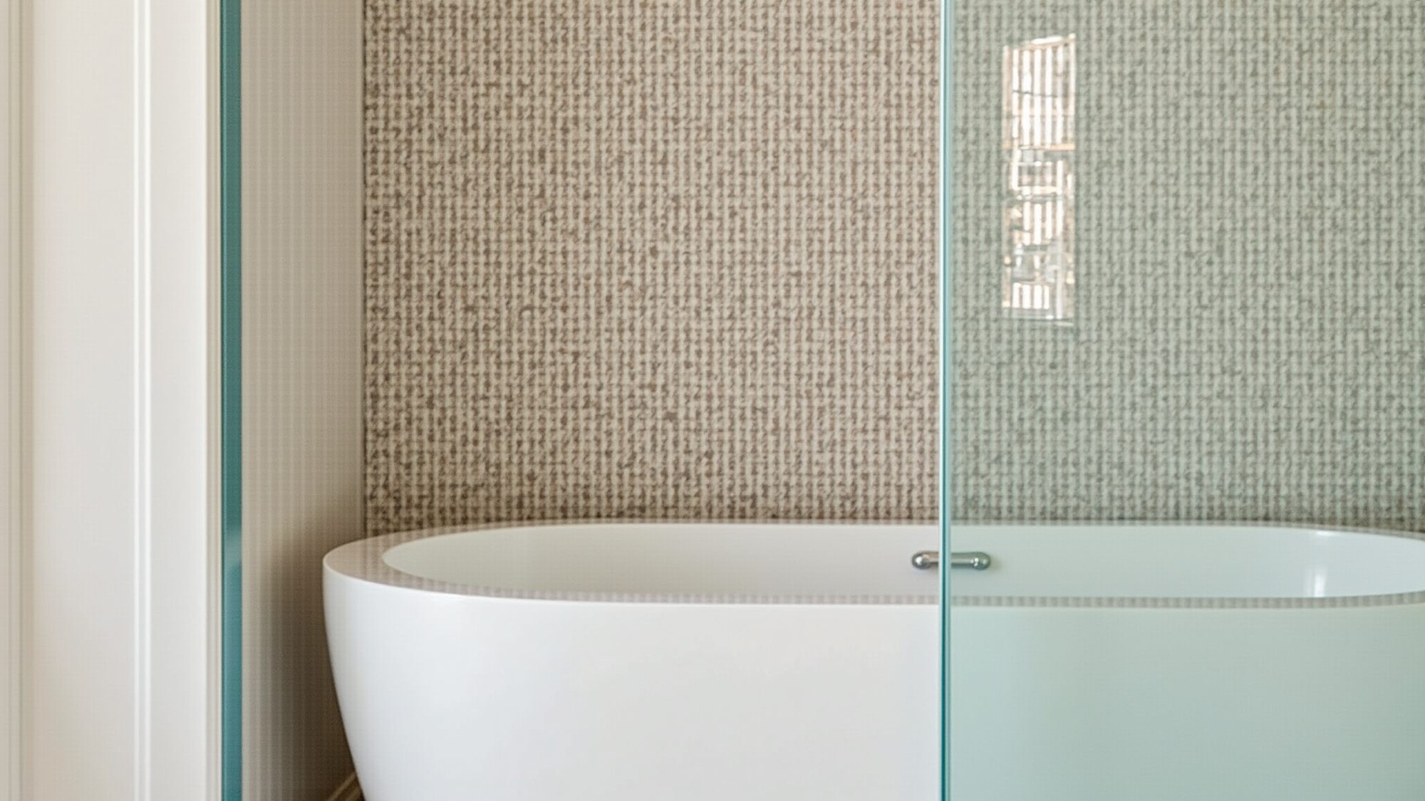 A freestanding tub set against a textured tile feature wall