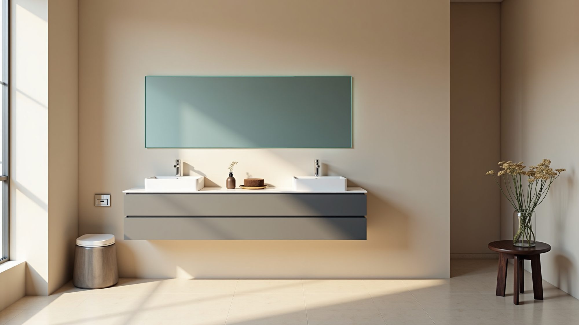 A bathroom vanity with blue accents and a framed mirror