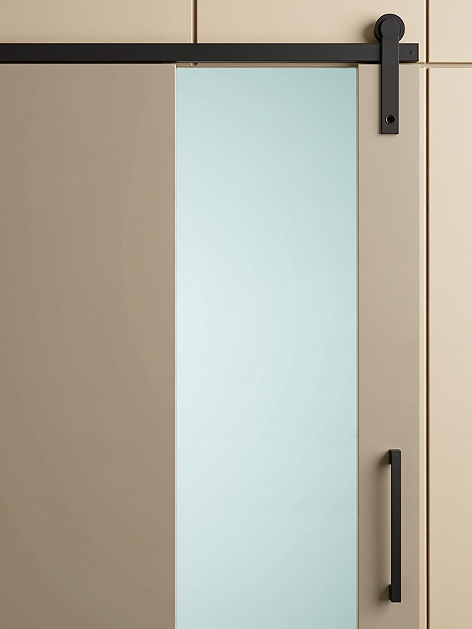 A custom sliding barn door on a black rail — a finishing detail