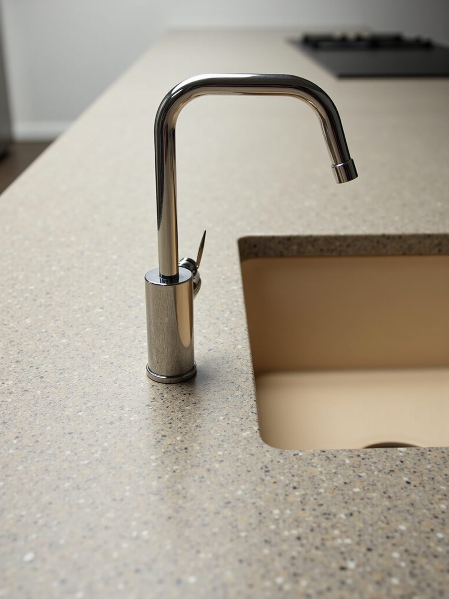 A modern gooseneck faucet over an undermount sink set in a speckled quartz countertop