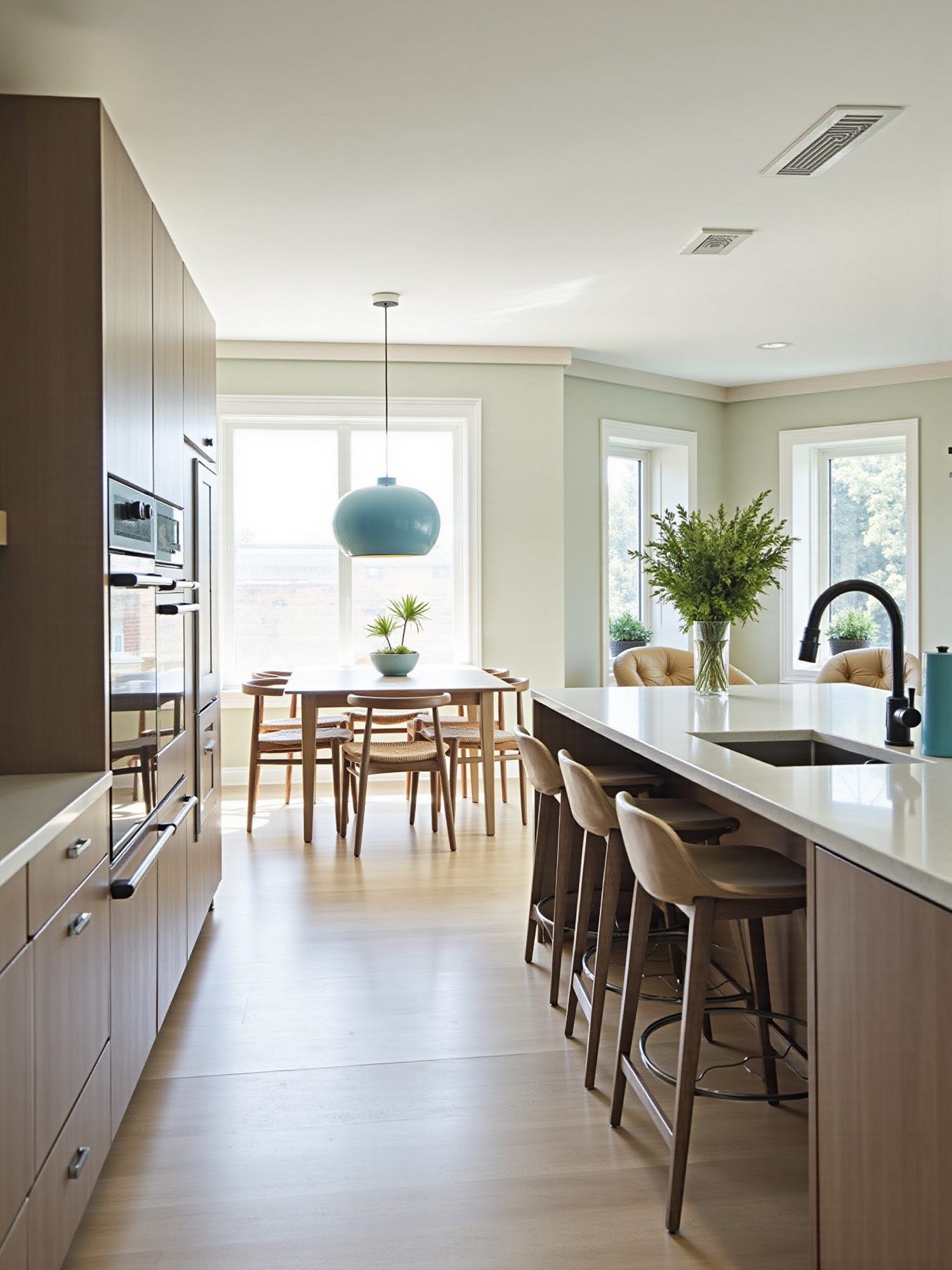 A remodeled galley kitchen with an island opening onto a bright dining area with hardwood floors
