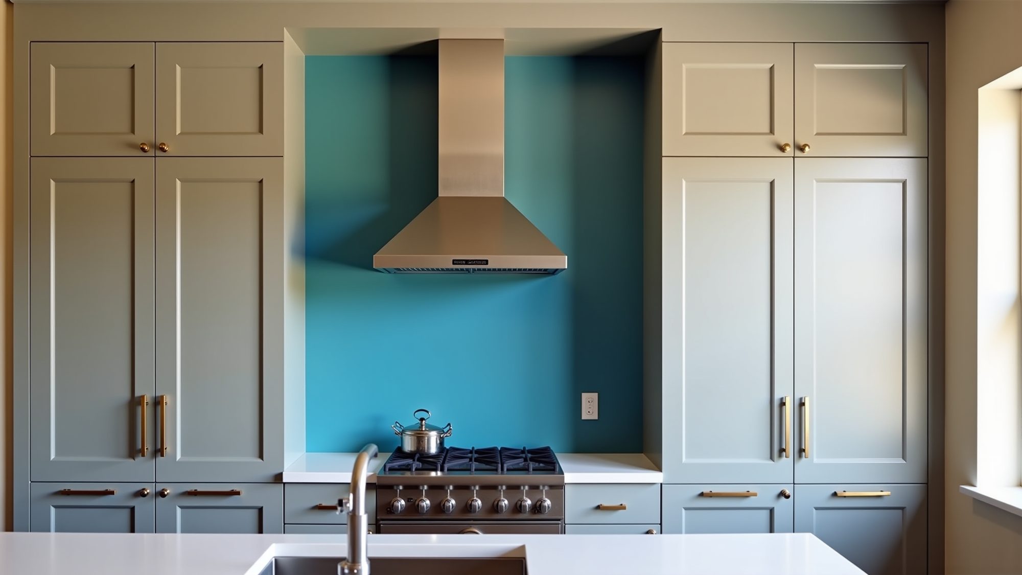 A kitchen with rich cabinetry and a statement range hood