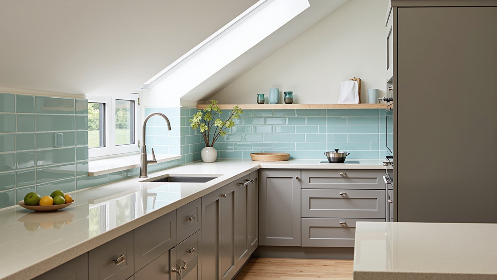 A bright remodeled kitchen with teal subway-tile backsplash under a skylit sloped ceiling